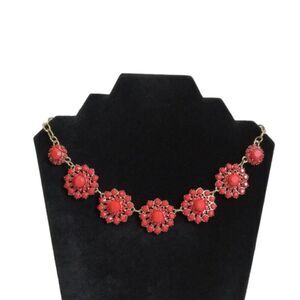 Red & Gold Toned Rhinestone Encrusted Flower Shaped Pendants Statement Necklace